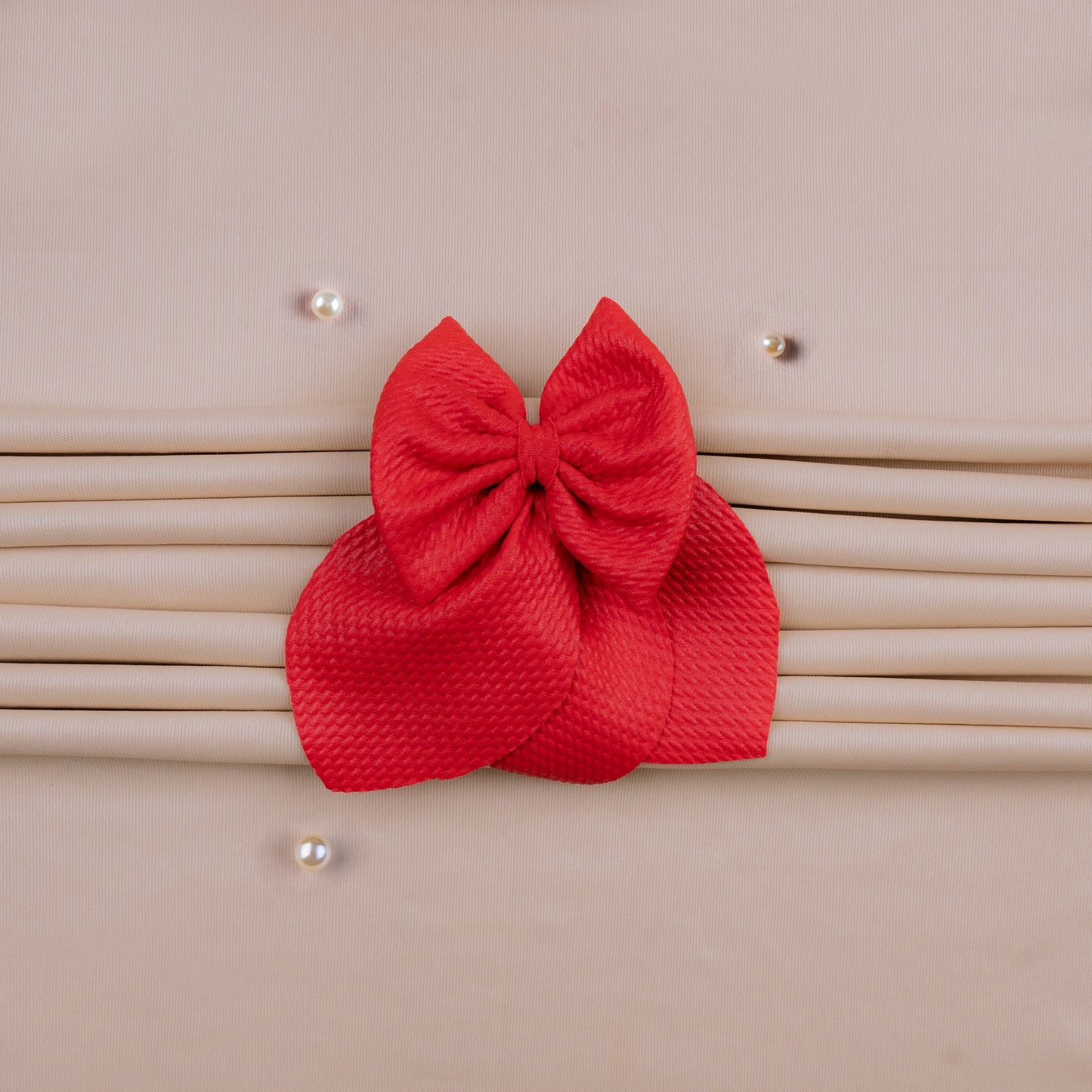 Cherry Crown – Red Leather Textured Hair Bow with Triple Small Leaf Ends