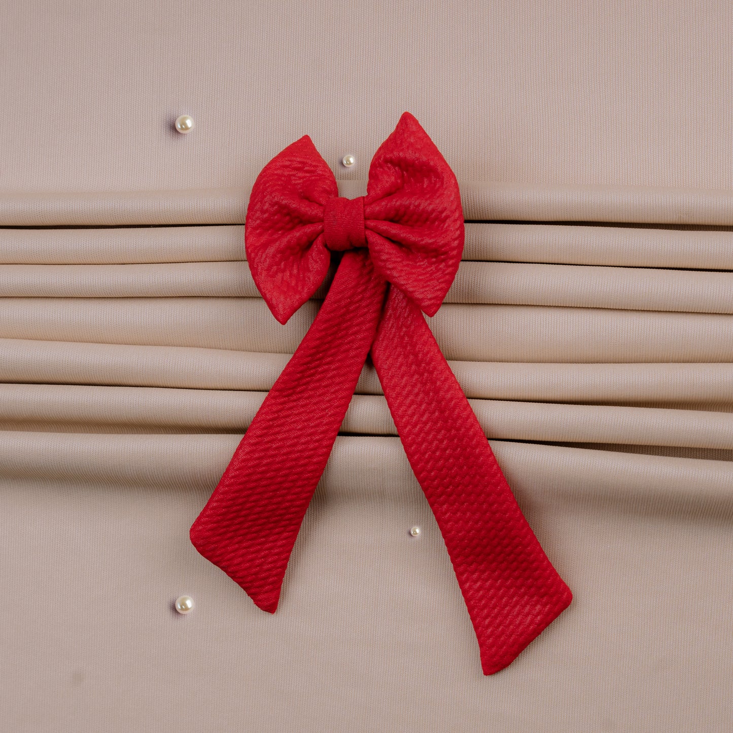 Crimson Bloom Red Leather Textured Hair Bow with Long Leaf Tails