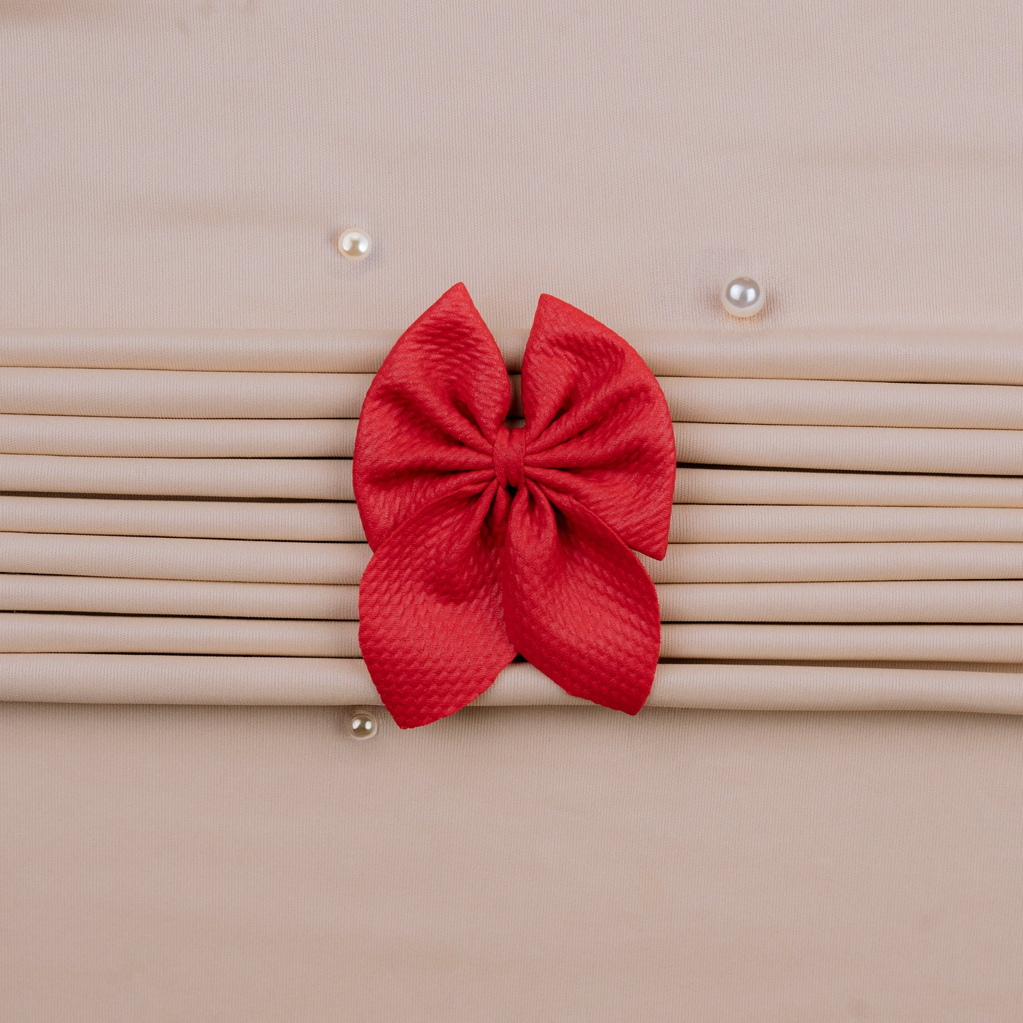 Cherry Petal – Red Leather Textured Hair Bow with Twin Small Leaf Ends