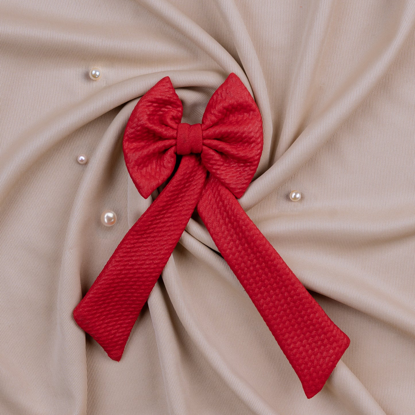 Crimson Bloom Red Leather Textured Hair Bow with Long Leaf Tails