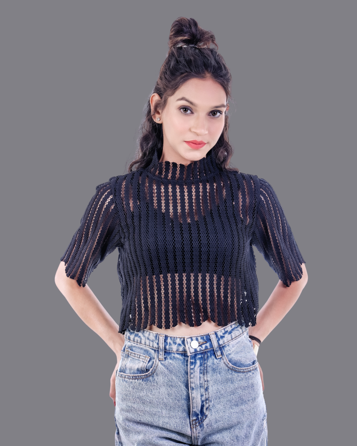 Women's Sheer Mesh High Neck Crop Top