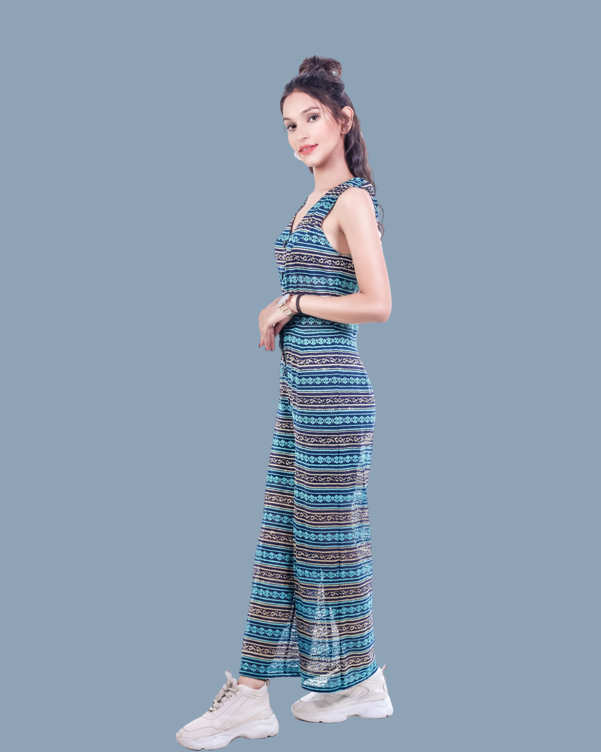 Boho-Inspired Sleeveless Jumpsuit with Tribal Print