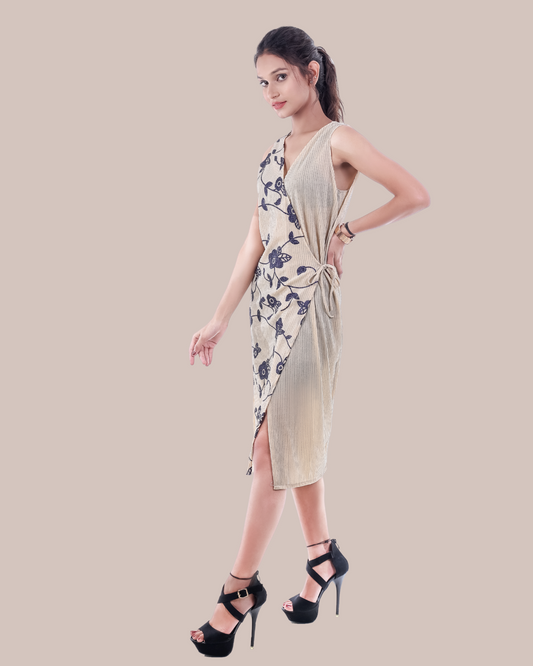 Sleeveless Beige Wrap Dress with Floral Embroidery