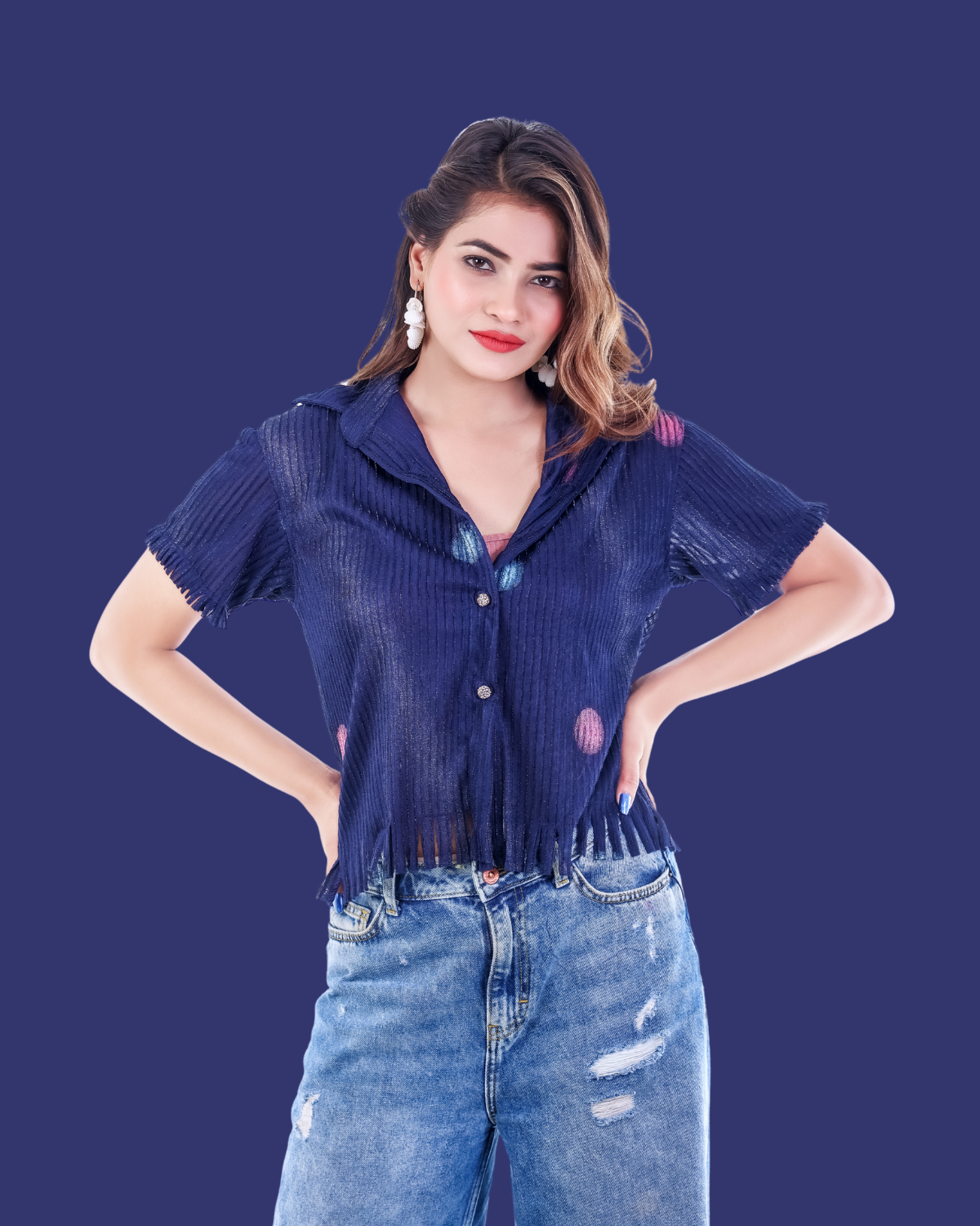 Indigo Crinkle Fringe Shirt