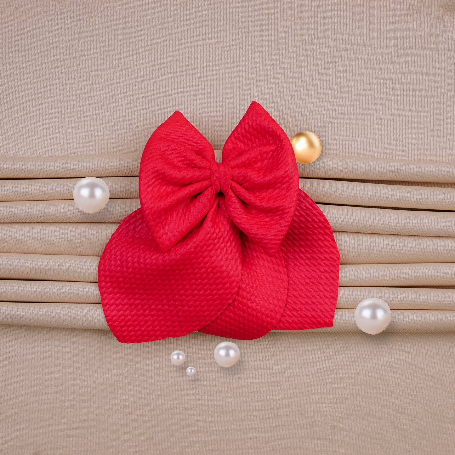 Cherry Crown – Red Leather Textured Hair Bow with Triple Small Leaf Ends