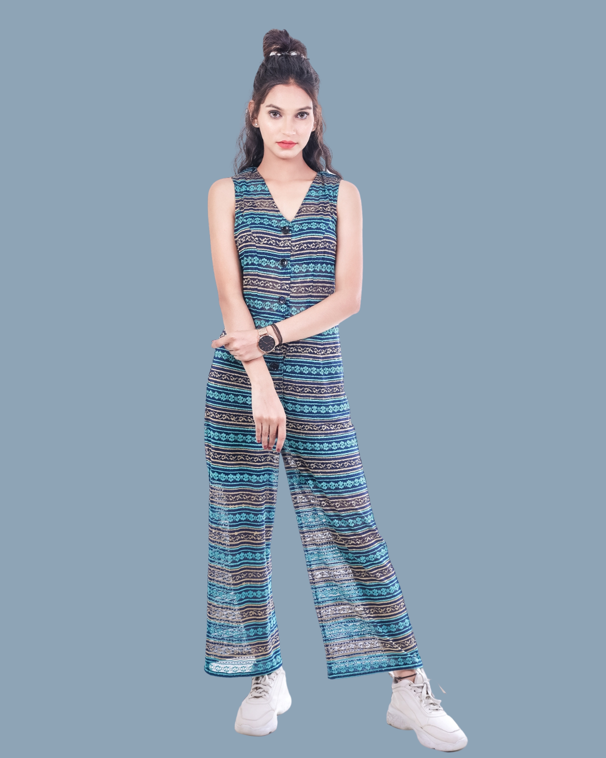 Boho-Inspired Sleeveless Jumpsuit with Tribal Print
