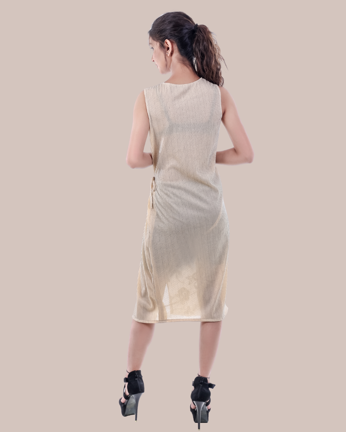 Sleeveless Beige Wrap Dress with Floral Embroidery