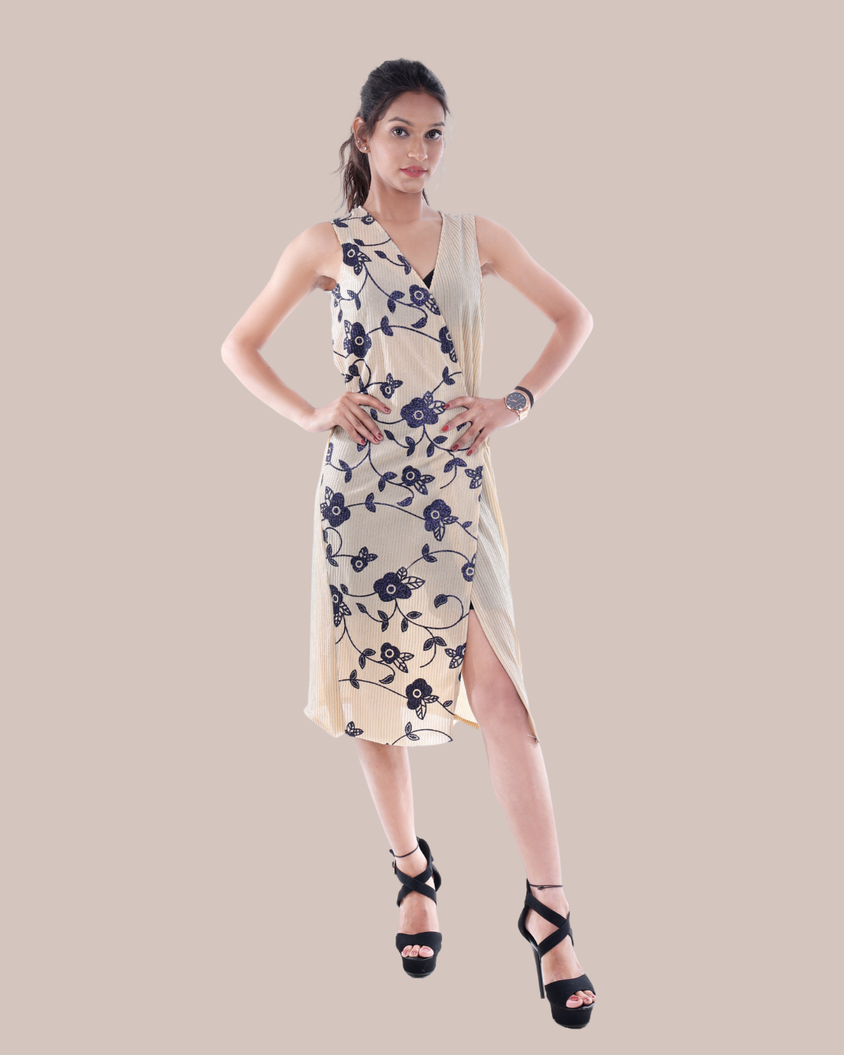 Sleeveless Beige Wrap Dress with Floral Embroidery