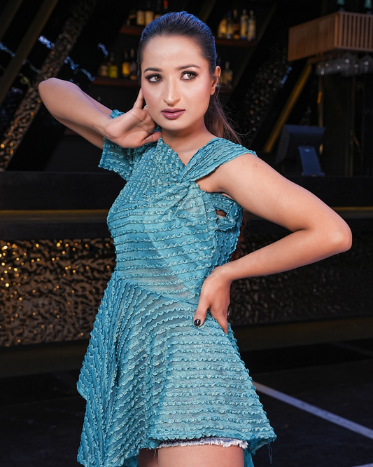 Shimmer Textured One-Shoulder Flared Mini Dress