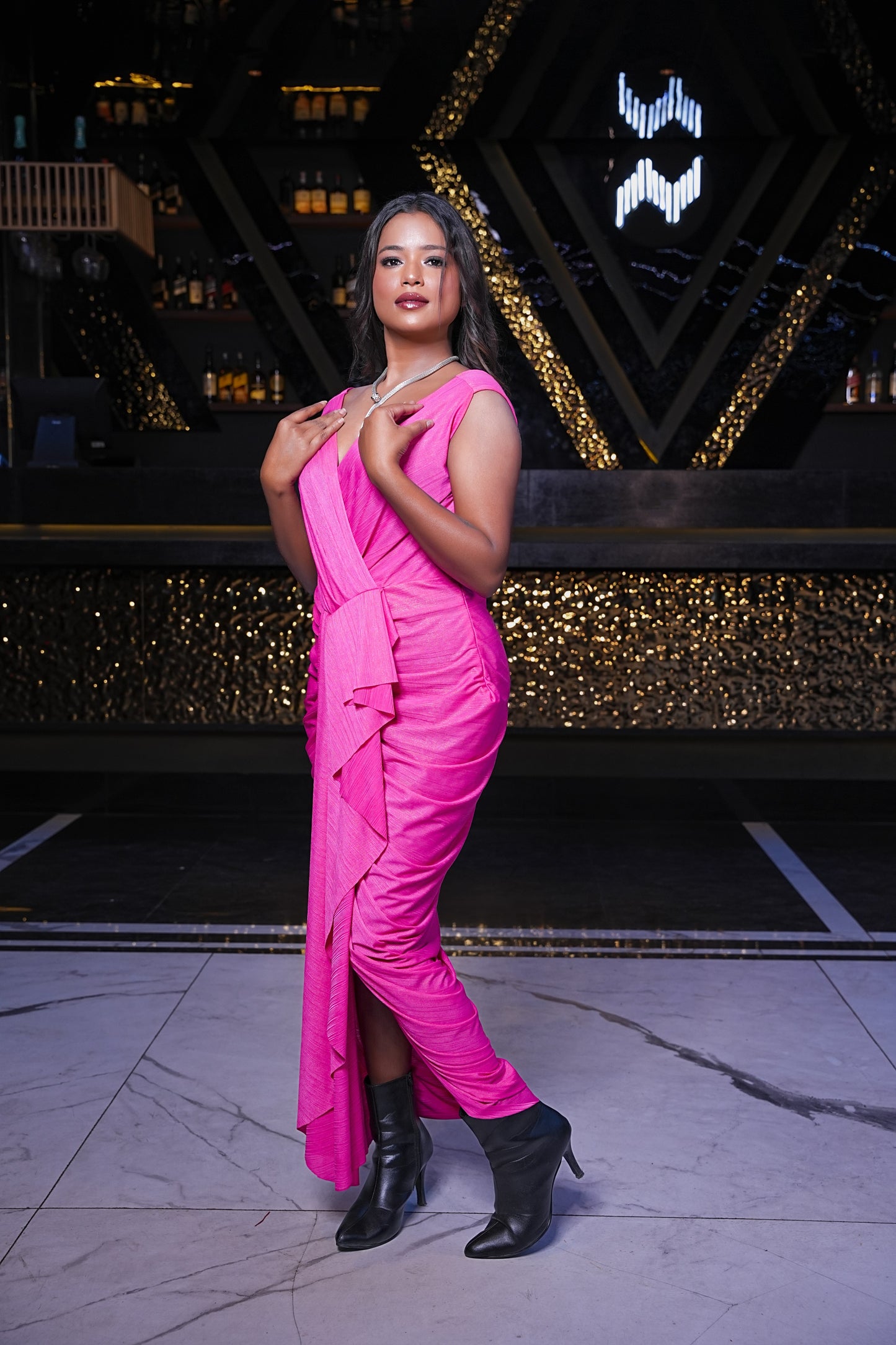 Women's Designer Draped Ruffle Gown