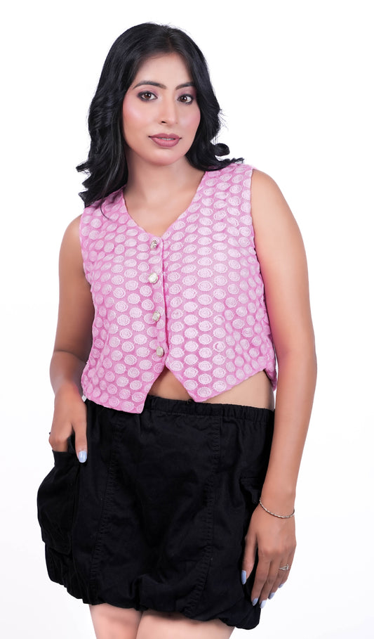 Women's V-Neck Waist Top with Textured Jacquard Print