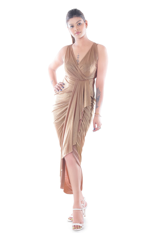 Women's V Neck Ruched Wrap Slit Hem Sleeveless Spaghetti Strap Midi Bodycon Dress