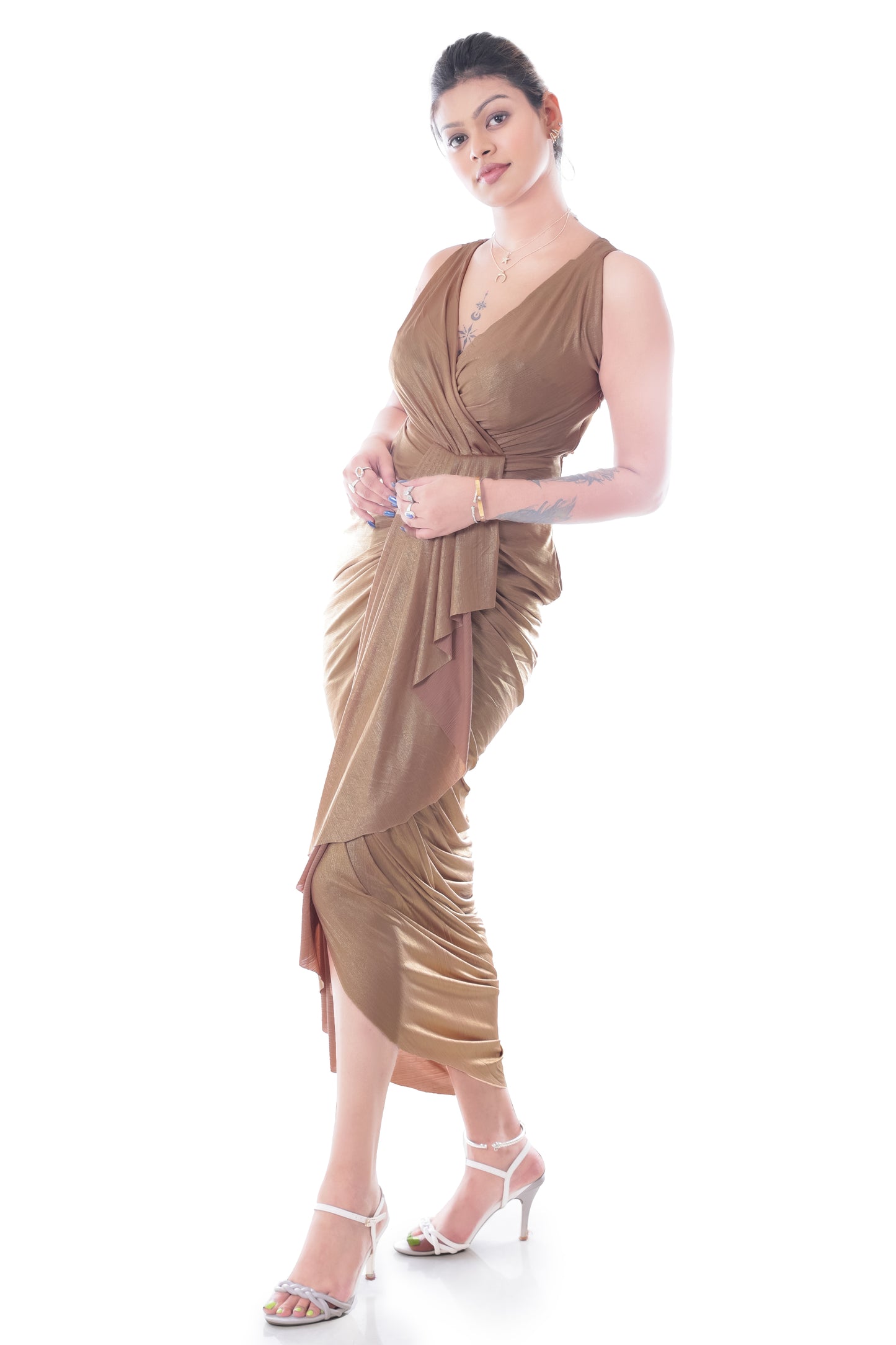 Women's V Neck Ruched Wrap Slit Hem Sleeveless Spaghetti Strap Midi Bodycon Dress