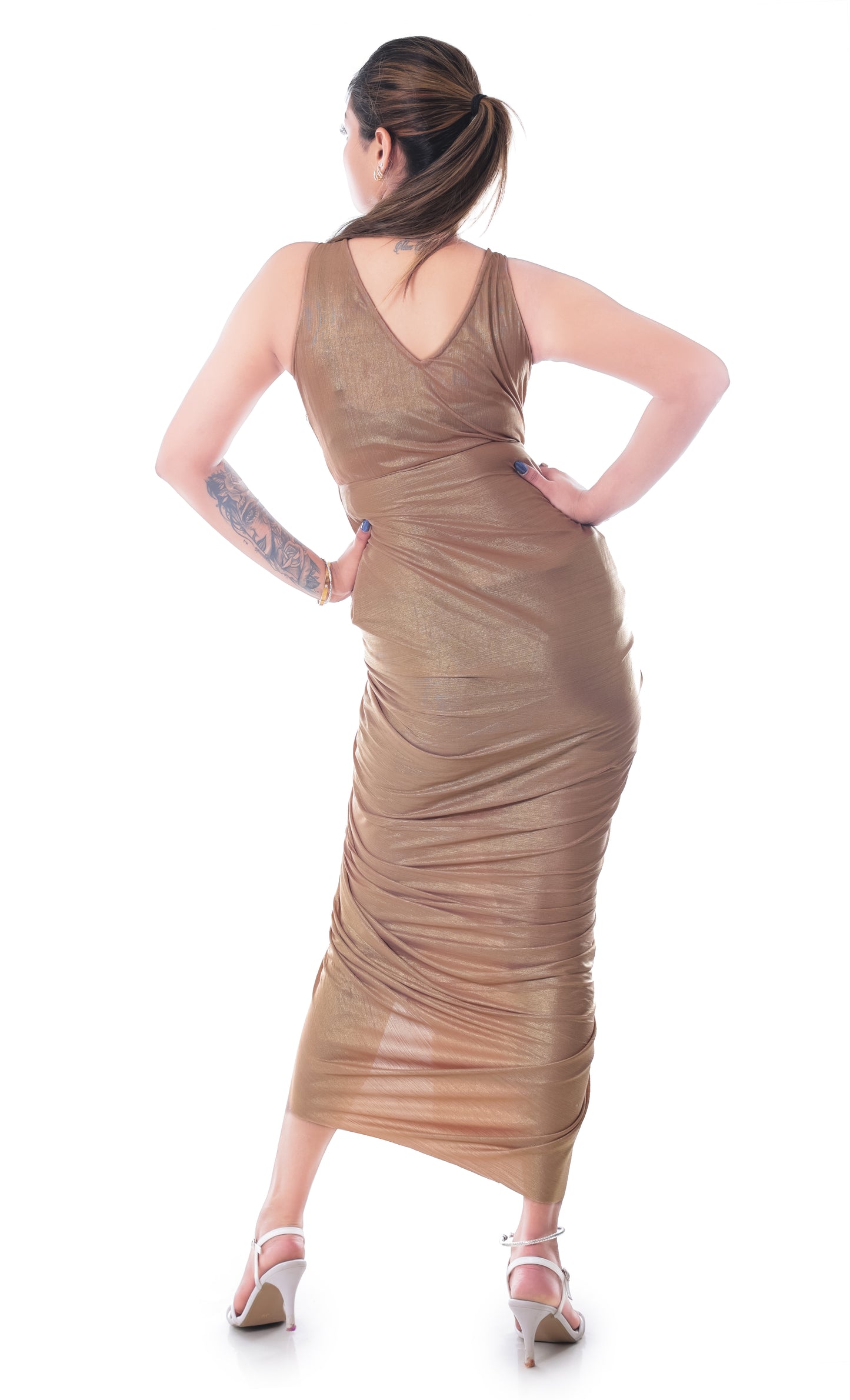 Women's V Neck Ruched Wrap Slit Hem Sleeveless Spaghetti Strap Midi Bodycon Dress