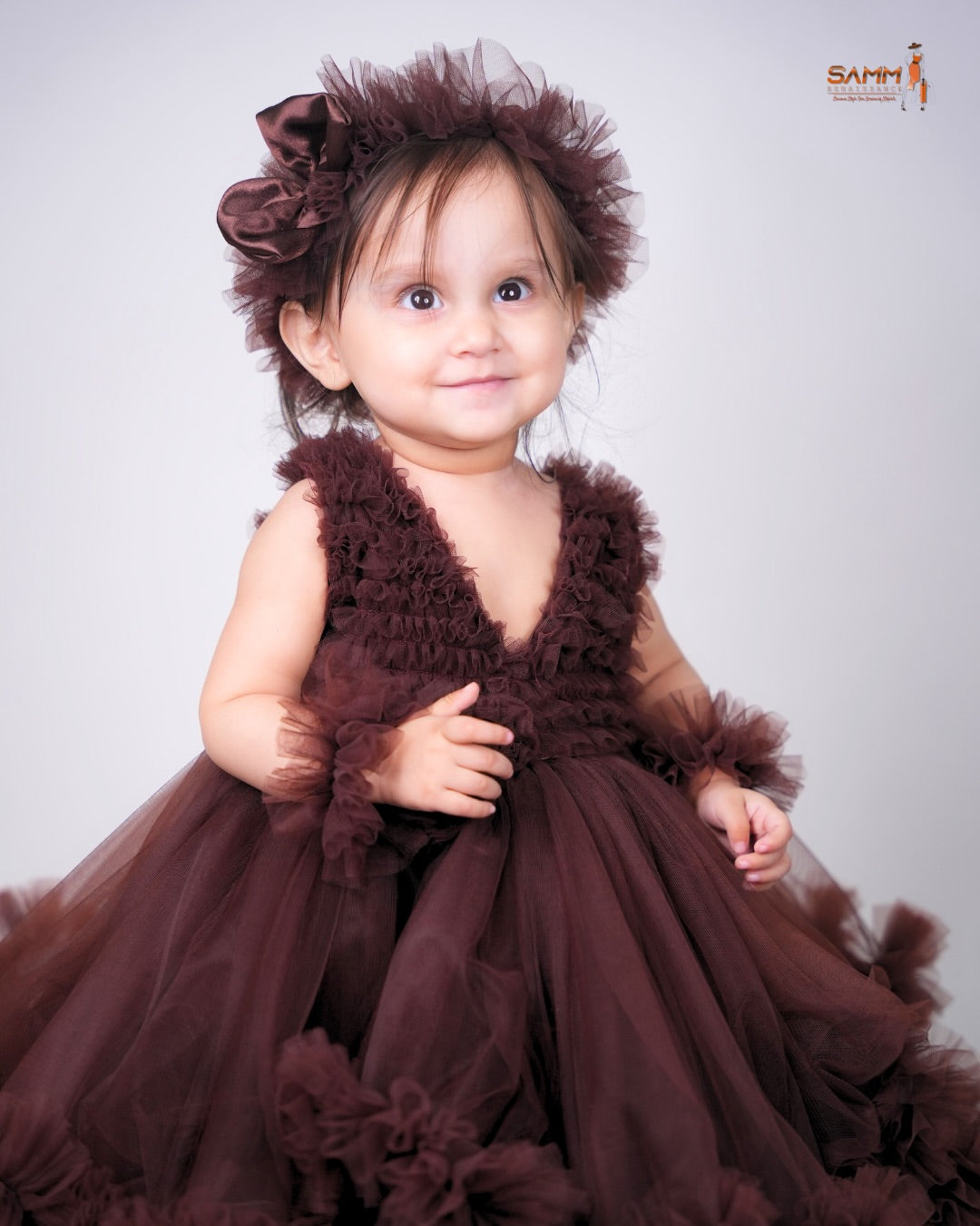 Elegant Brown Sleeveless Tulle Gown for Baby & Toddler Girls (1-3Y)