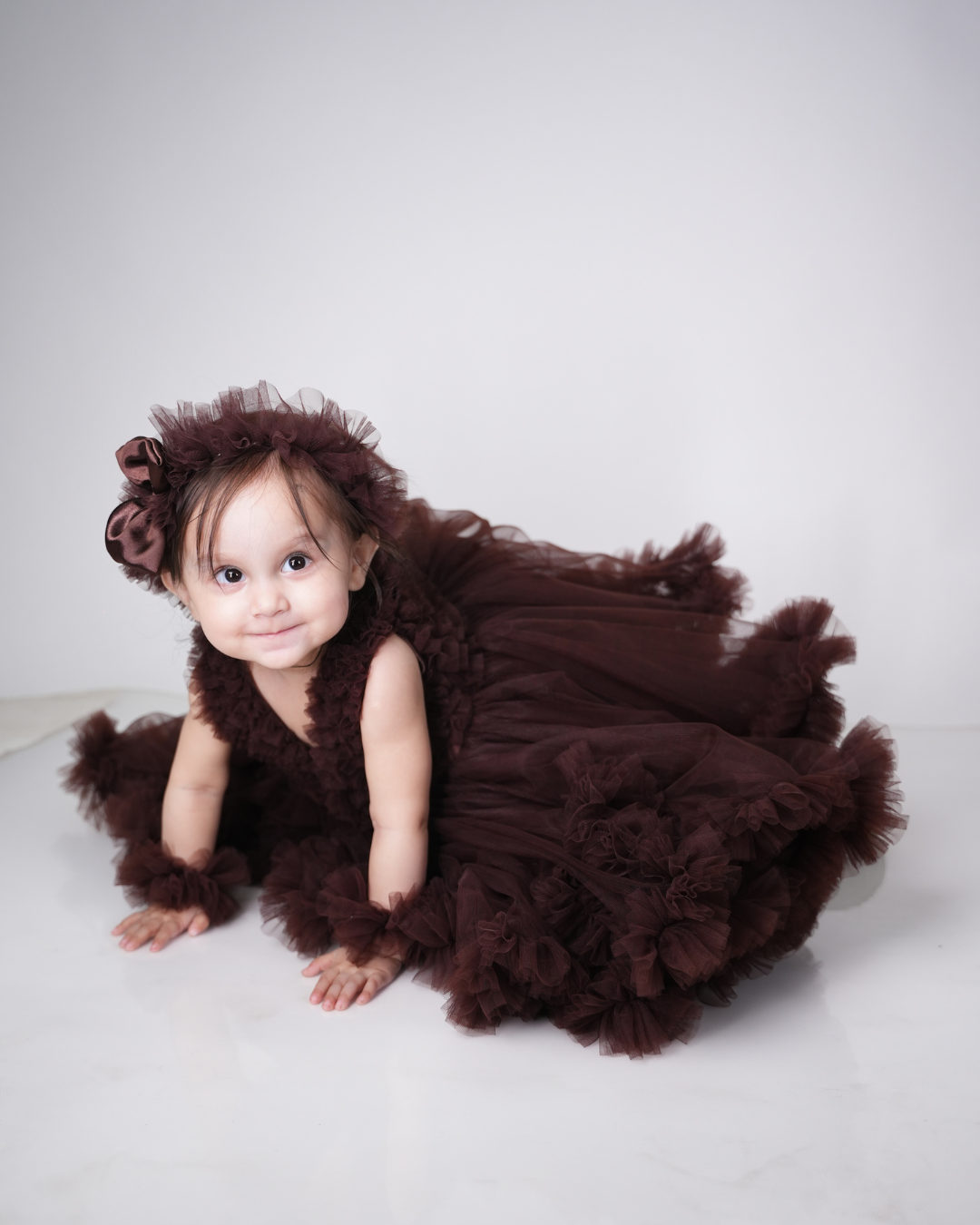 Elegant Brown Sleeveless Tulle Gown for Baby & Toddler Girls (1-3Y)