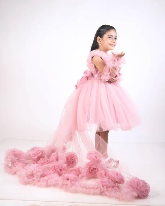 Girls' Fairy-Style High-Low Gown in Blush Pink – Elegant Ruffle Party Dress (3-5 Years)